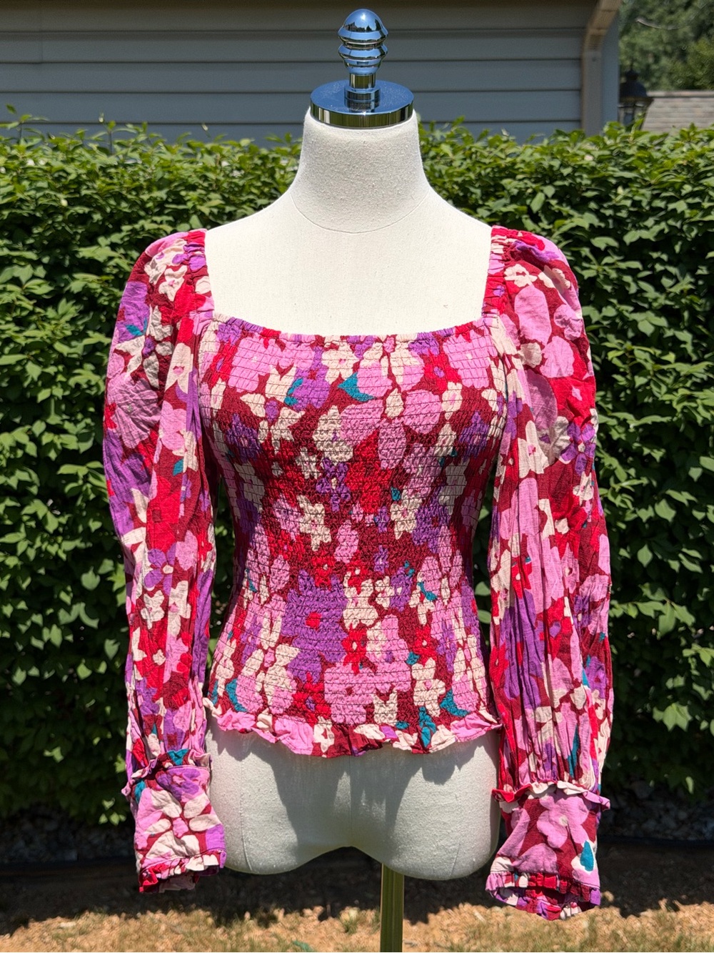 Free People Ariana Floral Cotton Smocked Puff Sleeve Boho Cottagecore Top XS